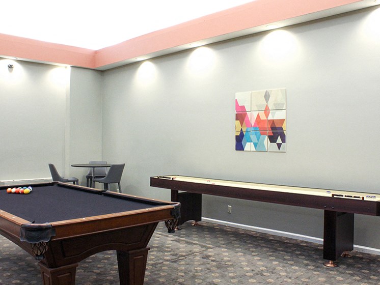Game room with a black pool table